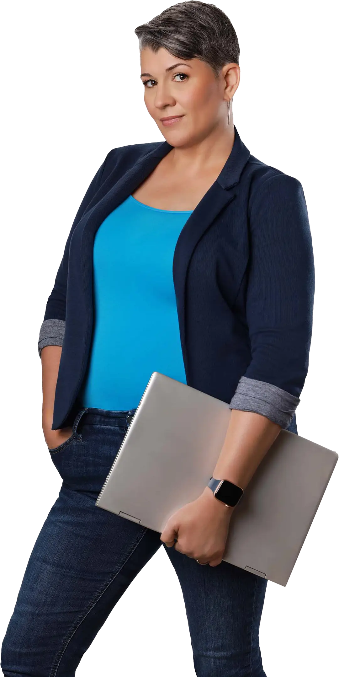 Andrea Goulet, communication coach for software professionals, holding a laptop